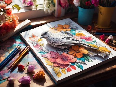 The coloring book lies on the table, half painted. Floral print, 3D bird. Flowers, pencils. Sunlight. Shadows. Bright colorful artwork. Cozy creative space. Hobby time. Imagination. Pleasure. 