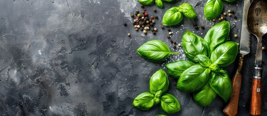 Basil bunch and kitchen utensils on table for home cooking from above