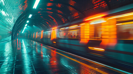 Person Walking Down Subway Platform in Rain - obrazy, fototapety, plakaty