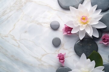 Top view of white flowers with smooth pebbles on light grey background. Copy space, spa concept