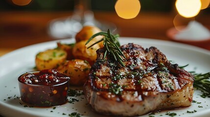 Boneless Pork chops and curated jam and potatoes. Generative AI.