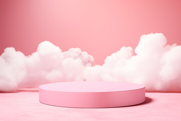 Pink podium on a marble surface against a background of pink clouds.