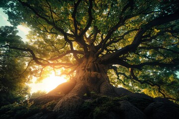 Fototapeta premium Majestic Oak Tree Canopy Bathed in Sunlight 