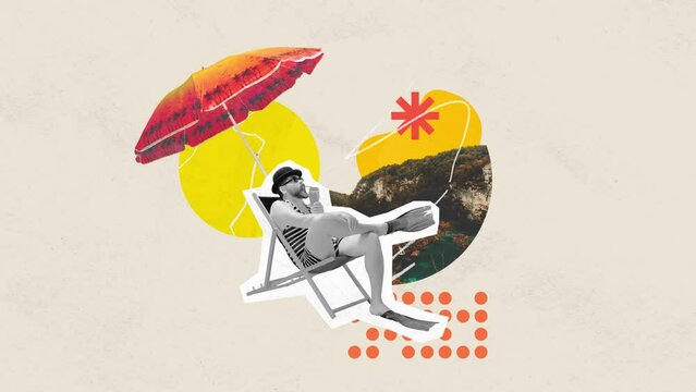 Man in retro striped swimsuit lying under sun umbrella, enjoying his cocktail on warm day at the beach. Stop motion, animation. Concept of summertime holidays, inspiration, travel, vacation, rest