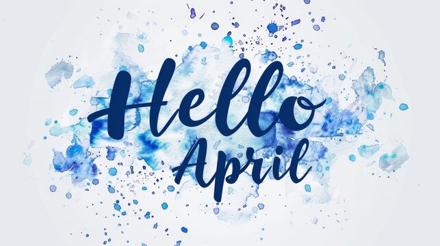 Abstract background with watercolor colorful splashes and flowers. Hello April modern calligraphy lettering. Spring concept background.