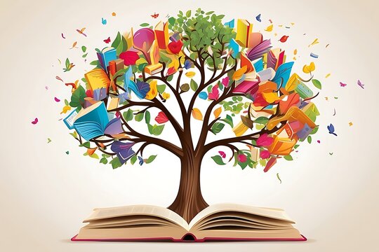 Book or tree of knowledge, made by open book and book leaves white background
