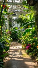 Fototapeta na wymiar Sprawling tropical greenhouse where the air is warm and humid filled with a lush array of tropical plants towering banana trees and hanging vines created with Generative AI Technology