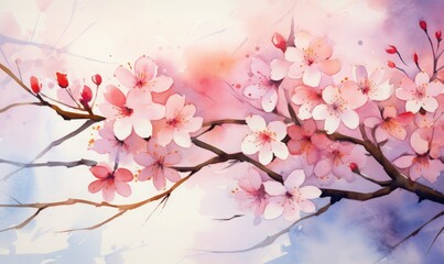 Cherry blossoms awash in color, watercolor artwork
