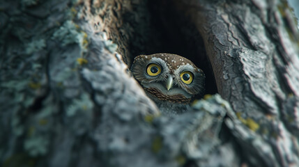 A owl peeking out from a tree cavity