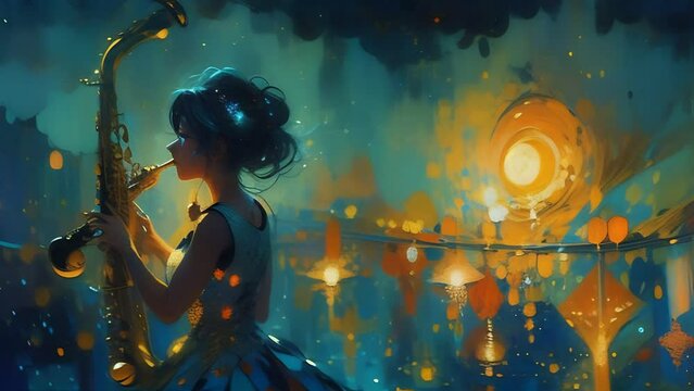 person girl woman with trompet saxophone making music painting of a woman playing a saxophone with sparkles in the background