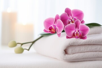 Spa composition with soft towels and a beautiful flower