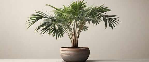 Kentia Palm in black pot, isolated on a white background, Copy space