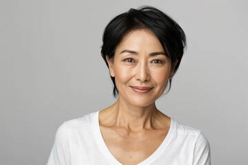 짧은 머리에 흰 티셔츠를 입고 미소 짓는 50대 한국인 여성