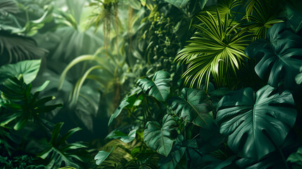 Green leaves on a tropical jungle background, amidst lush foliage, depict the beauty of nature