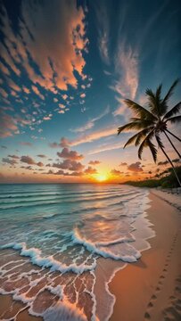 Tropical landscape with palm tree on paradise beach with golden sand and turquoise sea coast at sunrise , travel cocnept