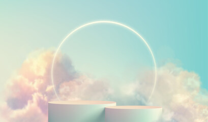 Transparent fluffy clouds form a realistic product podium stage, set against a soft pastel color background
