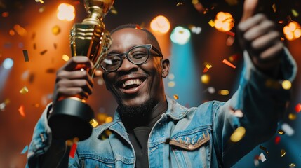 Fototapeta na wymiar Afro american man with award cup shows thumbs up
