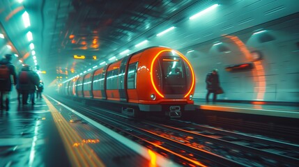 Fototapeta premium Subway Train Travelling Through Subway Station