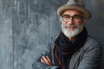 Elderly man smiling at camera. A close-up portrait of an elderly, man with a warm smile, wearing fashionable clothes.
