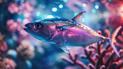 Fototapeta premium Nano-engineered tuna with holographic fins, gliding through a cyberpunk aquarium, spectators in awe