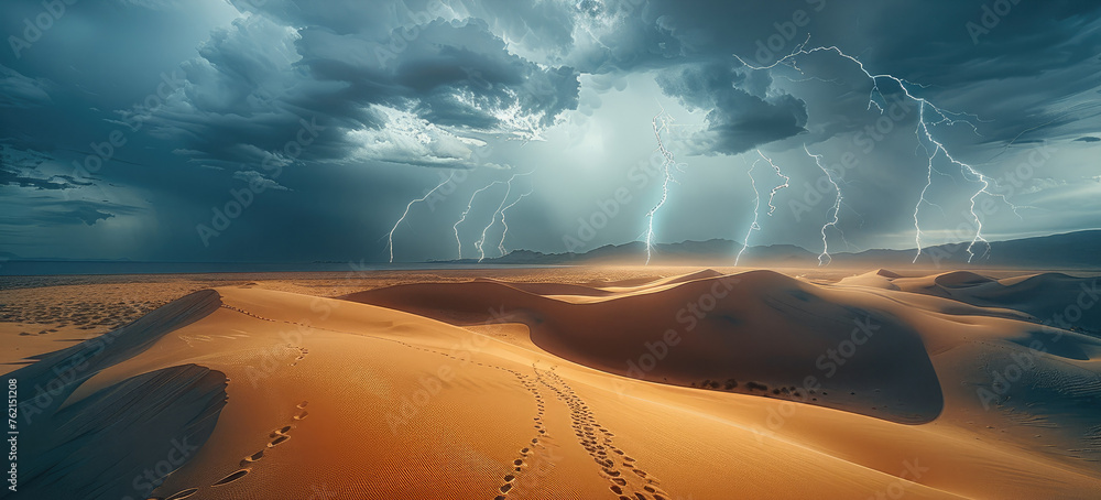 Poster sweeping sand dunes stretch out under a tempestuous sky. generative ai.