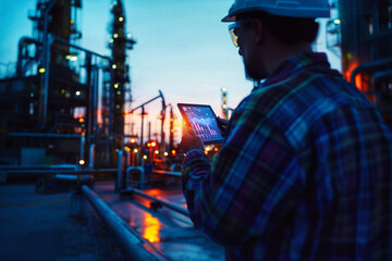 Chemical engineer in reflective safety gear inspects digital tablet amid towering steel oil derricks and complex pipeline networks of a vast chemical processing facility.