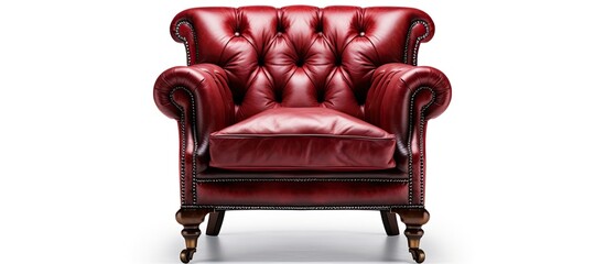 A red leather chair with armrests is placed on a white surface. The rectangular piece of furniture offers comfort with its material property and sits elegantly next to a wooden coffee table - obrazy, fototapety, plakaty