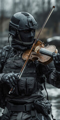 Soldat spielt Violine für die verstorbenen Kameraden, ai generativ - obrazy, fototapety, plakaty