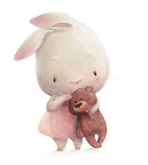 cute white bunny girl with a teddy bear - 762151660