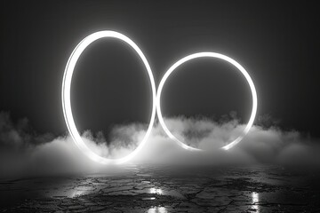 two giant open white and futuristic rings of light - obrazy, fototapety, plakaty