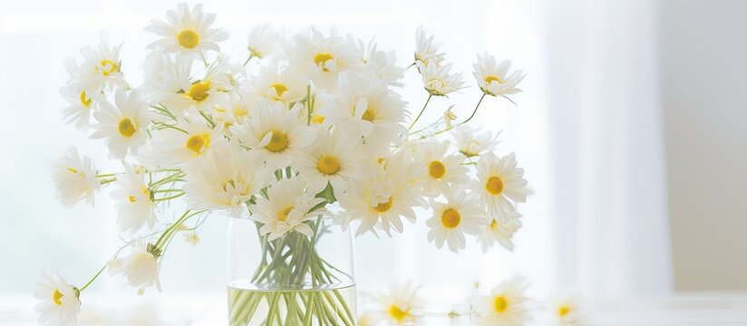 A beautiful arrangement of white daisies in a vase decorates the table, showcasing the beauty of this flowering plant
