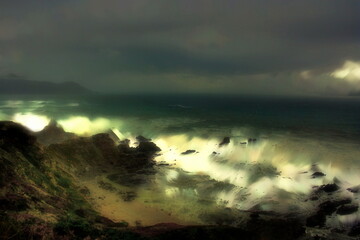 Photo painting, illustrated photo with oil painting effect, temporary on the cliffs of Loiba, A Coruña, Galicia, Spain,