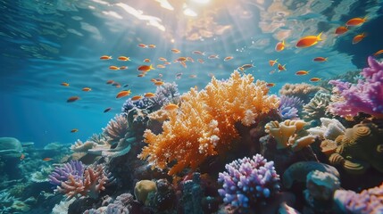 Underwater with a coral reef, vibrant marine life. Generative AI.