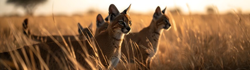 Caracal family in the savanna with setting sun shining. Group of wild animals in nature....