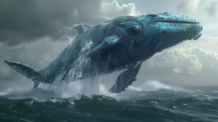 Fototapeta premium A massive blue whale robot breaching the ocean surface, a moment of awe-inspiring power and grace,hyper realistic, low noise, low texture, surreal