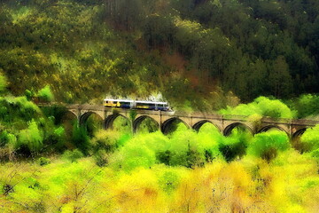 Photo painting, illustrated photo with oil painting effect, tourist train, circulating over a typical railway bridge, Mera River Valley, A Coruña, Galicia, Spain,