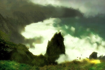 Photo painting, illustrated photo with oil painting effect. temporary in Cape Ortegal, a Coruña, Galicia, spain,