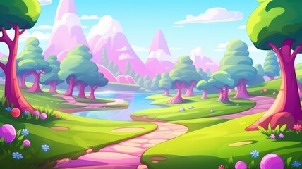 cartoon landscape with pink trees, mountains, and a serene lake amidst greenery