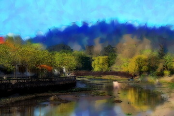 Photo painting, illustrated photo with oil painting effect. Japanese bridge over the Condomiñas river, Cedeira, A Coruña, Galicia, Spain,