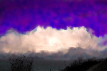 Photo painting, illustrated photo with oil painting effect. sky, storm clouds, cumulus ninbus,