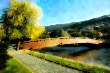 Photo painting, illustrated photo with oil painting effect. Japanese bridge over the Condomiñas river, Cedeira, A Coruña, Galicia, Spain,