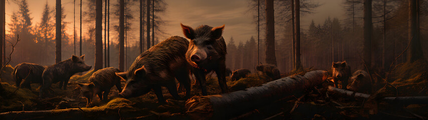 Group of boars running in the forest river with setting sun. Horizontal, banner.