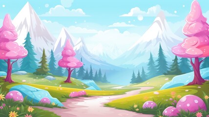 Fototapeta premium cartoon landscape with mountains, a path, and colorful flowers