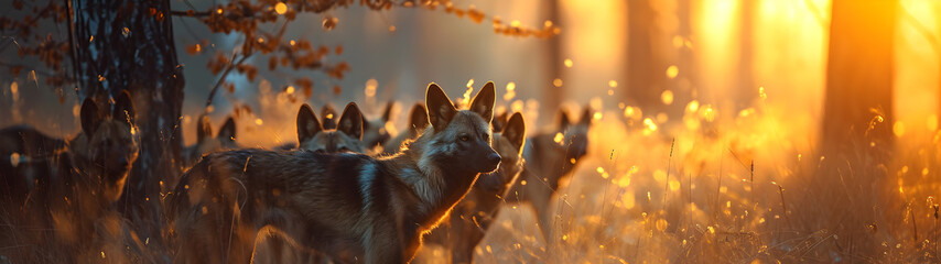 Wild dogs standing in the forest with setting sun shining. Group of wild animals in nature....