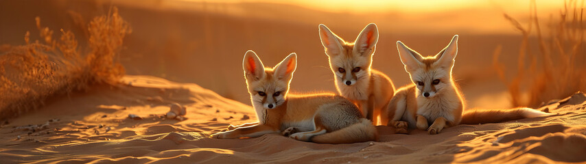 Fennec family sitting in the desert with setting sun shining. Group of wild animals in nature....