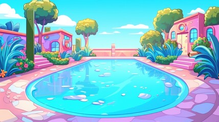 cartoon poolside view at sunset with cityscape and lush greenery
