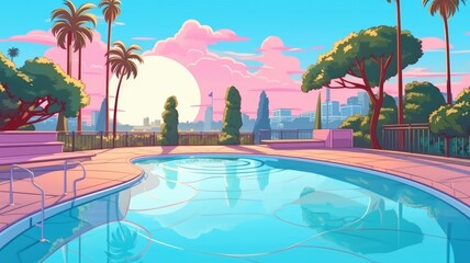 Fototapeta na wymiar cartoon poolside view at sunset with cityscape and lush greenery