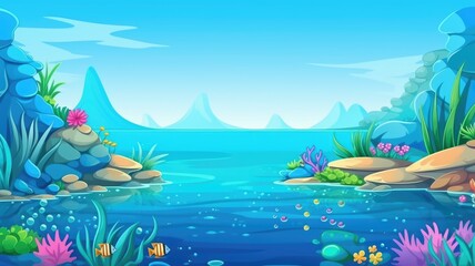 Fototapeta na wymiar cartoon underwater scene with colorful corals, fish, and serene ocean view