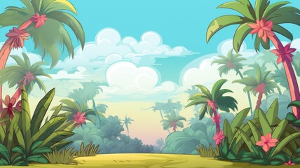 Fototapeta na wymiar cartoon tropical landscape with palm trees, flowers, and a serene sky