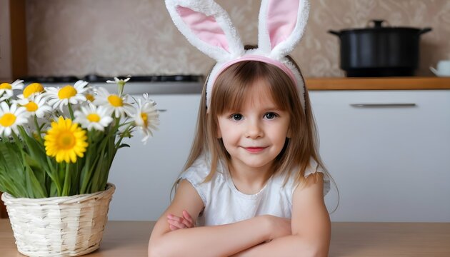 Easter A Little Girl With Rabbit Ears Peeks Out Or